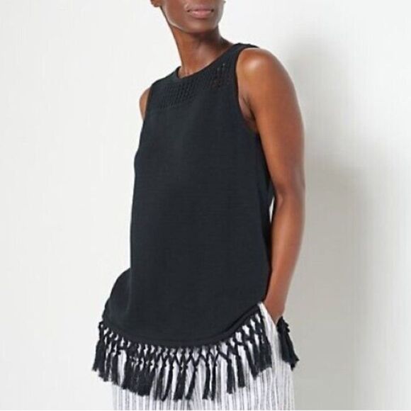 J Jason Wu Sweater Tunic Sleeveless Fringe in black | Medium Knit Tank Crochet - Picture 1 of 5